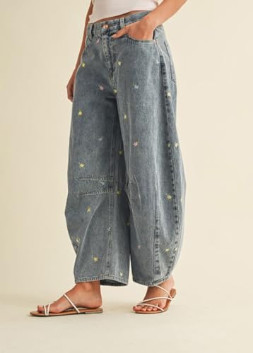 CHARTOU Women Embroidered Barrel Jeans Floral Baggy Jeans Loose Mid Rise Wide Leg Denim Pants with Pockets4