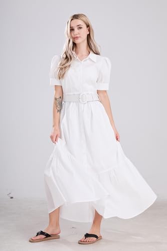 Image of utcoco Womens Striped Button Down Shirt Dress Casual Puff Short Sleeve Ruffle Hem Maxi Dresses with Belt