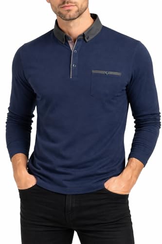 Xact Men's Long-Sleeved Polo T-Shirt, 100% Cotton Pique, Slim Fit, Contrast Button-Down Collar (Vintage Blue) M