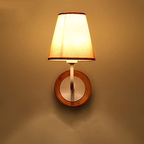 aplique europeo lámpara de pared con pantalla de lino redonda - aplique de pared moderno de madera e27 luces de noche para dormitorio aplique sala de estar pasillo café estudio focos de pared, cristal