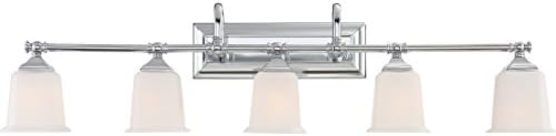 Quoizel Nicholas Vanity Lights, 42 Inch 5-Light Polished Chrome Bathroom Lighting Fixtures Over Mirror, 100W, Opal-Etched Frosted Glass, Mid-Century Wall Mount Light for Bathrooms, Kitchen or Hallway