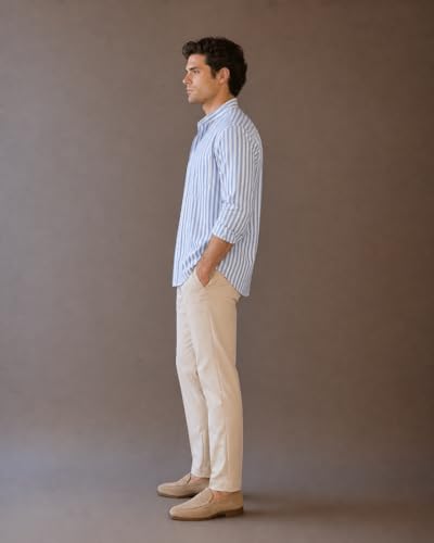 Image of Men Blue Striped Linen Cotton Shirt | Casual Slim Fit Button Down Shirt for Mens | Breathable Summer Wear | Full Sleeve Stylish Shirts for Men