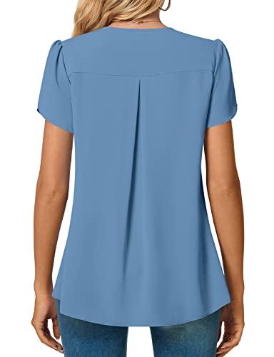 Anyally Womens Summer Dressy Chiffon Blouses V Neck Petal Short Sleeve Tunic Tops For Leggings Casual T-Shirts, L Blue #TOP3