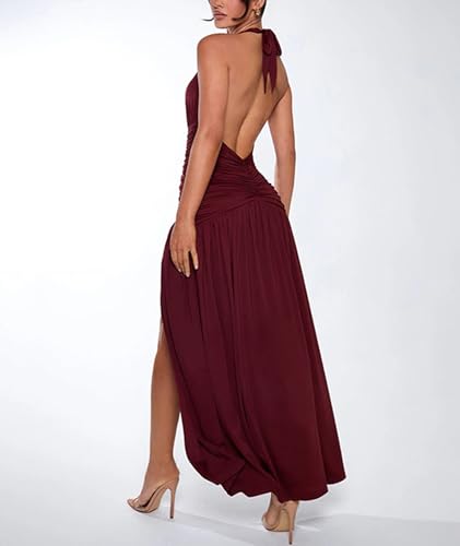 Image of Ekaliy Women's Sexy Halter Deep V Neck Maxi Dress Sleeveless Backless High Slit Ruched Long Dress Summer Party Cocktail Dress