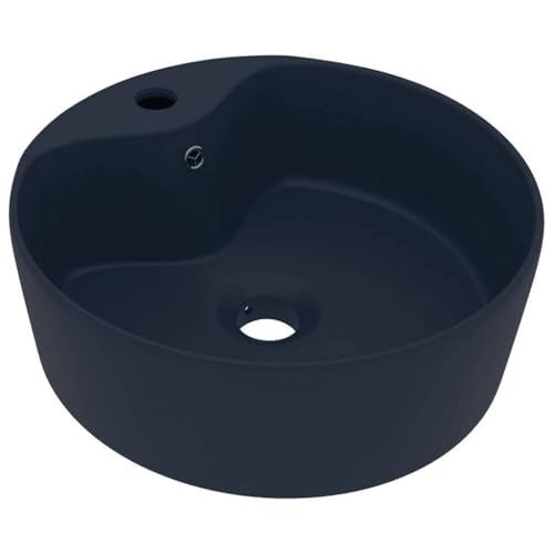 Lavabo azul oscuro mate de cerámica de 36 cm redondo con rebosadero 2