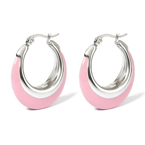 TaYolnFaSo Pendientes de aro esmaltados para mujer, coloridos y gruesos, chapados en oro de 18 quilates, pendientes de acero inoxidable, joyas de regalo para novia y mujer, 30mm, Acero inoxidable, Sin