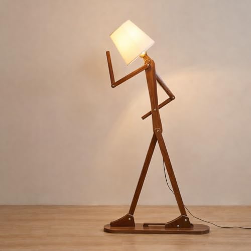 Image of Modern Wooden Adjustable Swing Arm Floor Lamp with Fabric Shade | Nordic Designer Standing Light for Living Room, Bedroom & Office | Walnut Finish Decorative Lighting
