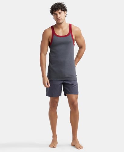 Image of Jockey US27 Men's Super Combed Cotton Rib Square Neck Gym Vest (Shoulder Strap Color May Vary) Charcoal & Red Pepper L