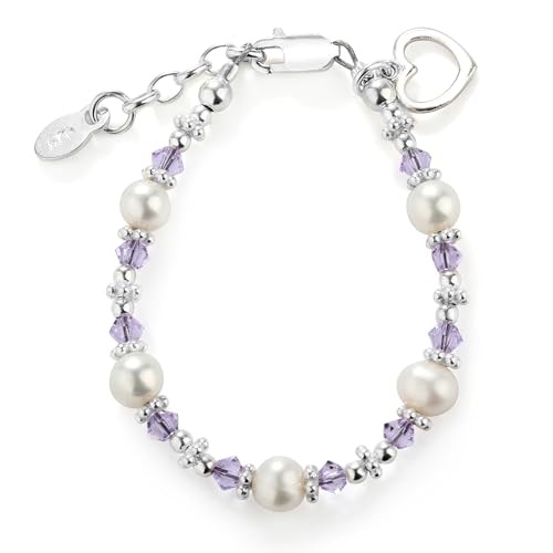 Precious Pieces Girls Sterling Silver Cultured Pearl Bracelet with Lavender High-End Crystals and Heart Charm