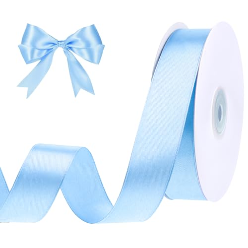 Image of woric Blue Ribbon 1 Inch 50 Yards Light Baby Blue Satin Ribbon Blue Hair Bows for Beach Wedding Balloon Wreaths Summer Party Decoration Baby Boy Shower Ribbons