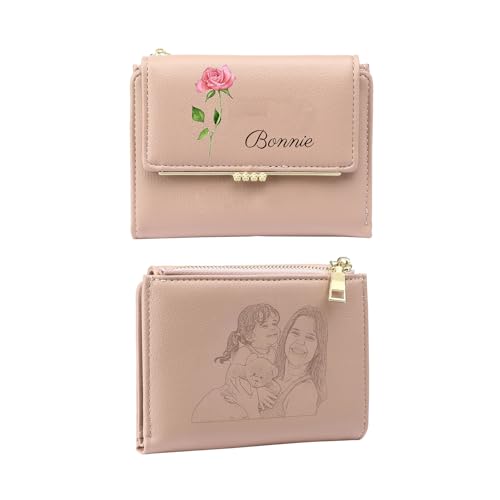 Personalized Wallets for Women - Trifold Leather Wallet with Birth Flower, Name&Picture for Mom Wife Daughter(Pink)