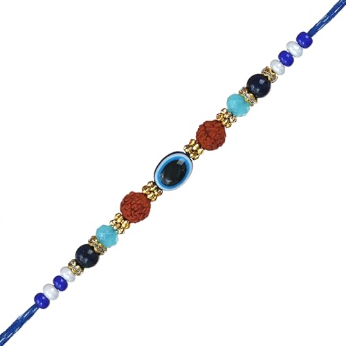 Image of eCraftIndia Evil Eye Rudraksha Rakhi for Brother Bhaiya Bhai with Best Bro Ever Fridge Magnet | Roli Chawal Pack