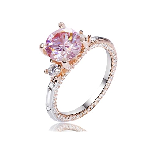 1-3 carat moissanite engagement ring for women, D color VVS1 clarity pink round moissanite, halo is silver and rose gold combination