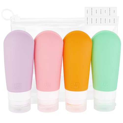 AiQInu Botes Viaje Rellenables 90ml, 4 Piezas Botellas de Viaje de Silicona Prueba de Fugas para Champús, Lociones y Artículos de Tocador, FDA Certificado Sin BPA