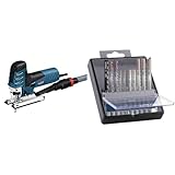 Bosch Professional Stichsäge GST 150 CE (inkl. Gleitschuh, 1x Stichsägeblatt, L-BOXX-Einlage) + 10x PRO Hardwood and Laminate Stichsägeblatt-Set (für Hartholz, Parkett, Länge 83 mm, Zubehör)
