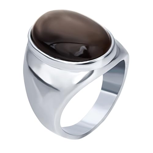 Musihy Bagues Homme Femmes, Argent Bague Index avec Grosse Pierre Ovale de 23 mm Hommes Femmes en Acier Inoxydable, Marron, Taille 59