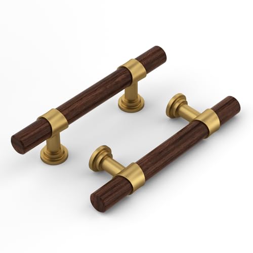 Haliwu 10 Pack Wood Grain and Gold Cabinet Pulls Gold Kitchen Hardware Handles 2 Tone Barrel Cabinet Drawer Pulls, 3 inch Hole Center