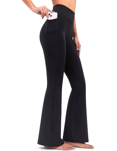 YUNOGA Flare Leggings for Women with Pockets 30 Inseam High Waisted No Front Seam Buttery Soft Gym Yoga Pants (S Black 30 Inseam)