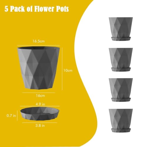 Image of OCRETA Set of 5 | 6.5 Inch Flower Pots for Home Decoration, Garden Plants, Indoor Use - Big Plastic Planters (Elegant Grey)
