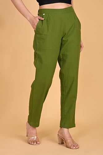 Image of Women's Solid Straight Fit 100% Cotton Trousers | High Waist, Side Pockets, Ankle Length Pants for Office, Casual