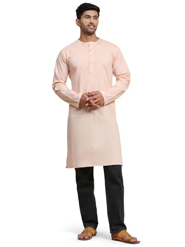 Image of Amazon Brand - Anarva Men's Cotton Solid Round Neck Kurta Long Sleeves Straight Knee Length Casual Shirt