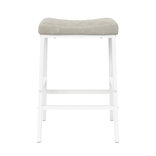 Butacos de Barra Altos para Cocina, Juego de 4, Asiento en Cuero Sintético PU con Diseño de Silla de Montar y Patas Metálicas Blancas, Color Beige Claro Gris miniatura 6