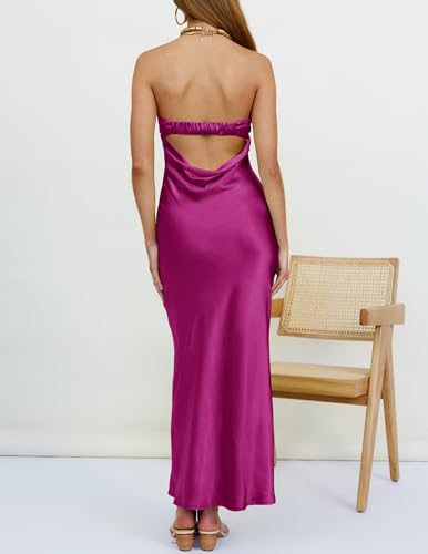 Image of MEROKEETY Women's Summer Satin Strapless Bodycon Dress 2026 Backless Tube Wedding Guest Cocktail Formal Party Maxi Dresses