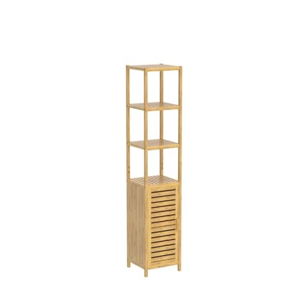 VIAGDO Hochschrank, Badezimmerschrank Bambus, Badschrank hoch mit 3 offene Fächern und Schrank, hoher Beistellschrank, Aufbewahrungsschrank, für Badezimmer, Flur, Küche, Wohnzimmer – Bild 6