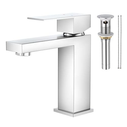 Grifo de baño de una sola manija de un solo agujero baño fregadero grifo lavabo lavabo grifo con placa de cubierta y montaje de drenaje emergente, cromo, faustina