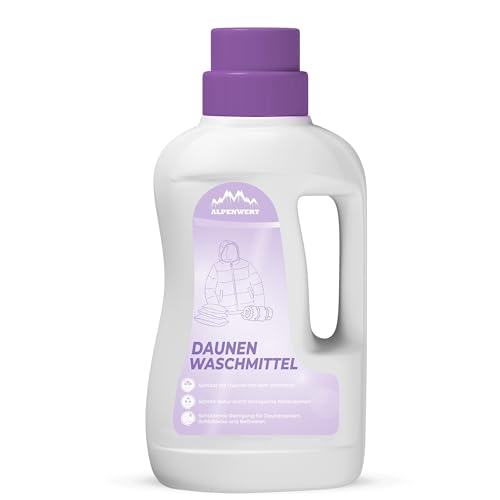 ALPENWERT Daunenwaschmittel 1L - Spezialwaschmittel für Daunenjacken Bettdecken Schlafsäcke & Kissen - sanftes Waschmittel für fasertiefe Reinigung & Pflege mit frischem Duft - Made in Germany