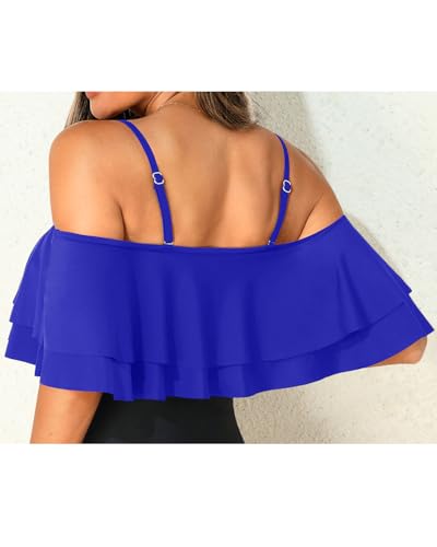 Women Ruffle Bikini Top Royal Blue Double Layer Flounce Swimsuit Off Shoulder Bathing Suit top Only L - Image 2