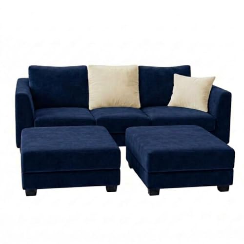 Image of SOCOZI Evanto 5 Seater L Shape Sofa Set with 2 Movable Ottomans | Flexible Layout| Soft Velvet Suede Fabric|Modern Sofa | Plush Comfort Cushions for Living Room (Cream-Dark Blue)