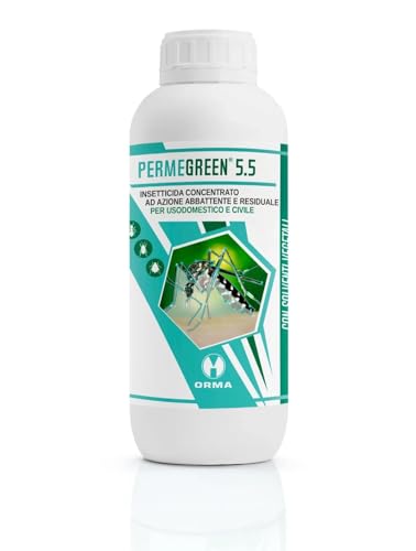 Ossian Permegreen 5.5 Insetticida Concentrato Inodore 1 LT – Permetrina, Tetrametrina e PBO – Azione Abbattente e Residuale – Contro Zanzare, Mosche, Scarafaggi, Blatte, Zecche – Interno/Esterno