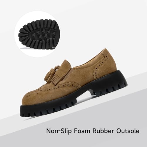 Image of BEAU TODAY Chunky Loafers for Women, Women's Leather Platform Loafers, Lug Sole Tassel Slip On Loafers Shoes Brogues Wingtip Casual Business Shoes Comfortable Dressy