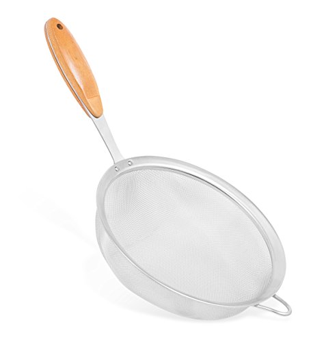 Internet’s Best Oversized Stainless Steel and Bamboo Strainer - Extra Fine - 8 Inch Mesh Colander Sieve with Wooden Handle