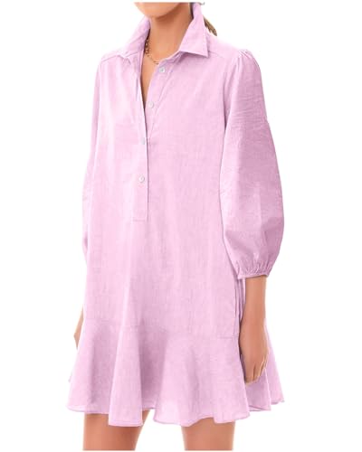 Image of YEXPINE Women Button Down Dress Casual 3 /4 Puff Sleeve Cotton Linen Dress Flowy Ruffle Hem Tunic Shirt Dresses