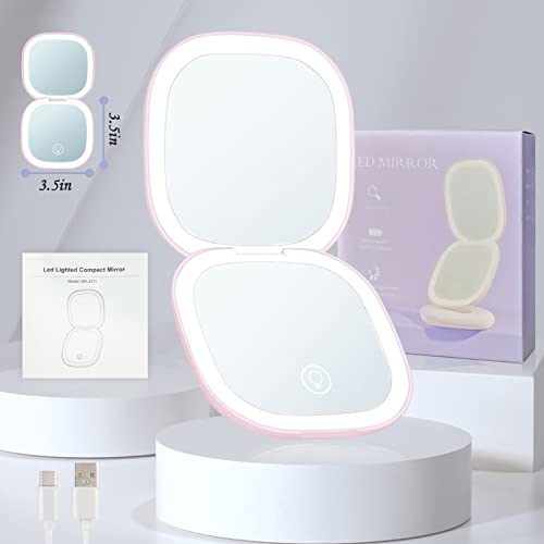 Yuearn Compact Mirror With Light, 2-Sided Lighted Compact Travel Makeup Mirror With 5X Magnification & Dimmable Brightness, 3 Lighting Modes Pocket Mirror With Type-C Rechargeable (5X Pink) #TOP3