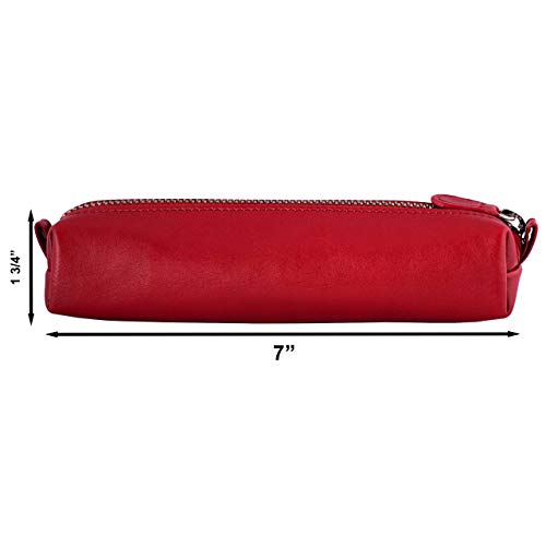 Image of DiLoro Leather Zippered Fountain Ballpoint Rollerball Pens and Pencils Case Holder Pouch Genuine Full Grain Soft Nappa Leather (Red)