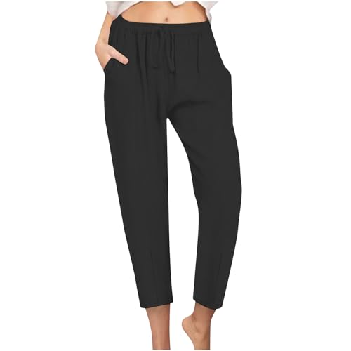 Hesxuno Capri Pants for Women Casual 2025 Spring Drawstring Elastic High Waist Linen Pant Straight Slim Fit Trouser, Black, XX-Large