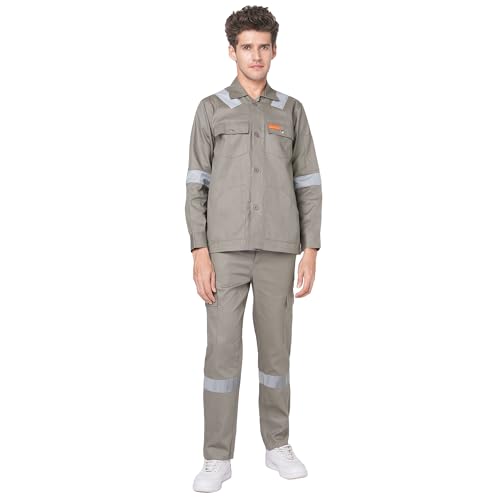 Image of Men's 100% Cotton Industrial Workwear Jacket & Pant Set with Reflective Tape, OEKOTEX, 200 GSM.
