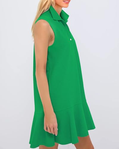 Image of YEXPINE Women's Sleeveless Polo Dress Ruffle Hem Lapel V Neck T-Shirt Summer Mini Dresses