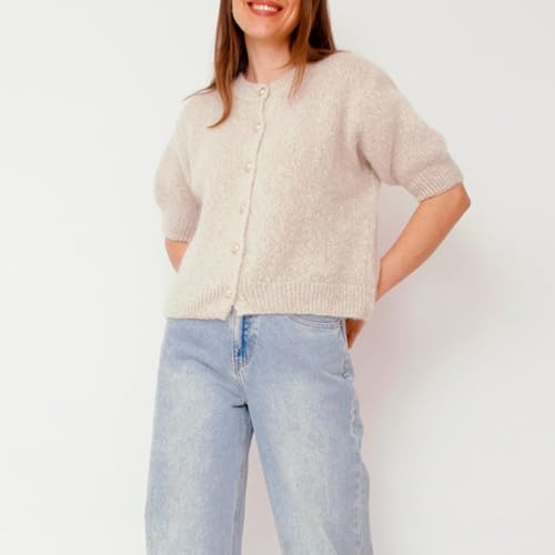 Image of Womens Button Up Short Sleeve Cardigans Sweater Cropped Lightweight Round Neck Elegant Knit Tops with Pockets
