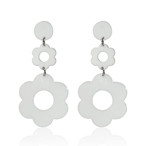 Acrylic Flower Earrings Double Daisy Drop Dangle Earrings For Women Girls Y2K Resin Floral Earrings 60/70S Yellow White Black Flowers Earrings(All White) #TOP15