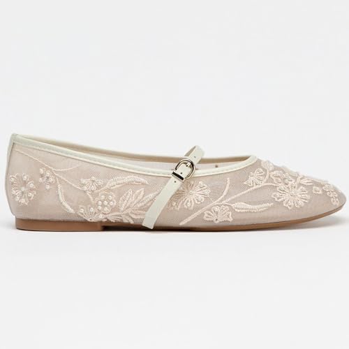 YIYA Women's White Floral Embroidered Mesh Ballet Flats with Pearl Studded Round Toe Ballerina Buckle Strap Comfortable Mary Jane Dress Shoes2