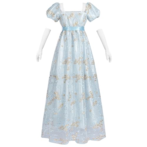 CR ROLECOS Regency Kleid Damen Prinzessin Kleid Handschuhen Empire viktorianisches Ballkleid Blau S