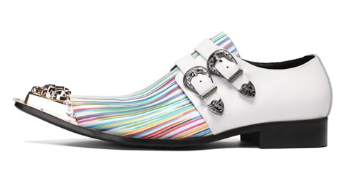 Santimon Mens Loafers Party Dress Casual Metal-Tip Toe Double Buckle Slip On Leather Rainbow Loafers Western Fashio Tuxedo Prom Summer Shoes for Men Boys2
