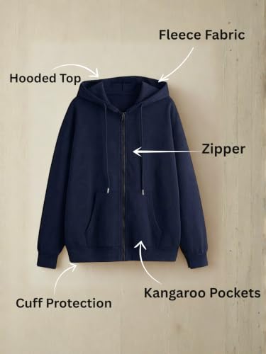 Image of Women's Fleece Fabric Zipper Hooded Jacket Loose Fit /Oversized, Drawstring | Plus Size Also Available