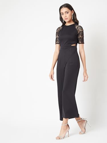 Image of Miss Chase Women's Halter Neck Sleeveless Solid Wide Leg Sequin Paneled Regular Length Jumpsuit