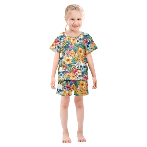 ALAZA Tropical Flower Sugar Skull Blossom Pajamas Short Sleeve 2 Piece Sleepwear Top and Bottom Pajama Set Unisex3
