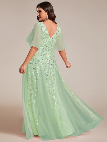 Image of Ever-Pretty Women's Sequin V Neck Plus Size Formal Dresses Evening Gown | Short Sleeve, A-Line, Empire Waist, Plus Size Mother of the Bride Dresses, Plus Size Gala Dress